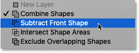 Choisissez « Soustraire la forme avant » dans le menu Opérations sur le chemin de Photoshop.