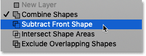 Elegir 'Sustraer forma frontal' en el menú Operaciones de ruta en Photoshop