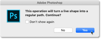 Clicking Yes to convert the live shape to a normal path in Photoshop