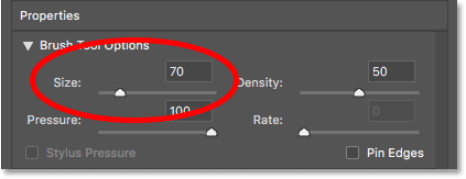 Increase the Forward Warp Tool brush size to 70 pixels in the Liquify filter in Photoshop