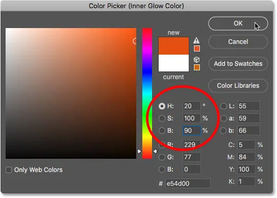 Establezca el color del brillo interior en naranja en el Selector de color