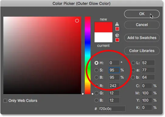 Установите цвет внешнего свечения на ярко-красный в Photoshop.
