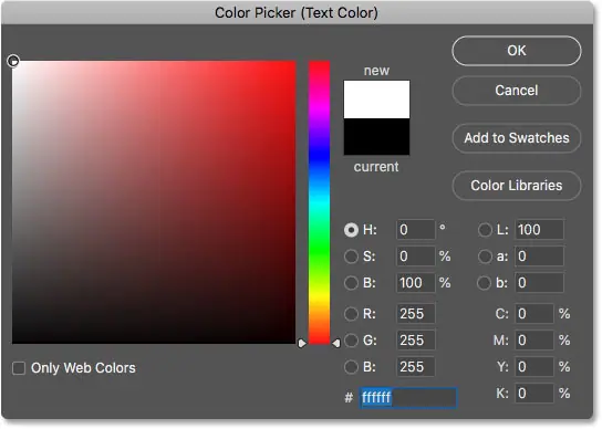 ضبط لون الكتابة على الأبيض في Color Picker في Photoshop