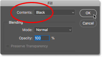 Установите для параметра «Содержимое» черный цвет в диалоговом окне «Заливка» в Photoshop.