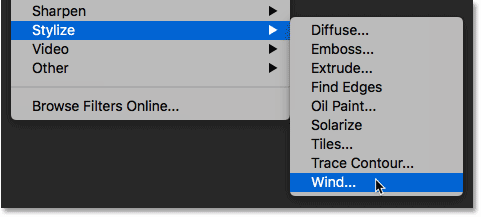 Selecting the Wind filter from the Filter menu in Photoshop