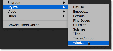 Selección del filtro Viento en el menú Filtro de Photoshop