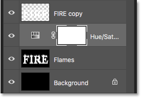 A Hue/Saturation adjustment layer is added above the Flames layer