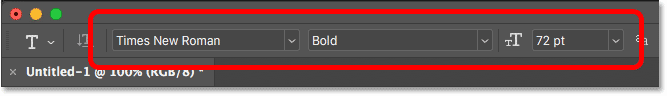 Choose a font and type size in the options bar in Photoshop