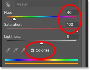 Hue/Saturation adjustment layer controls in the Properties panel