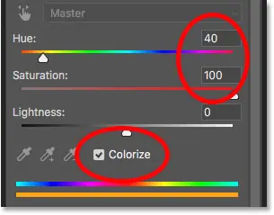 Commandes du calque de réglage Teinte/Saturation dans le panneau Propriétés