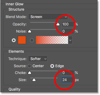 Adjust the opacity and size of the Inner Glow layer effect