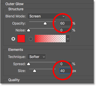 Adjust the opacity and size of the Outer Glow layer effect in Photoshop