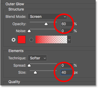 Passen Sie die Deckkraft und Größe des Ebeneneffekts „Äußeres Leuchten“ in Photoshop an