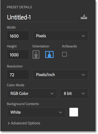 New Photoshop document settings