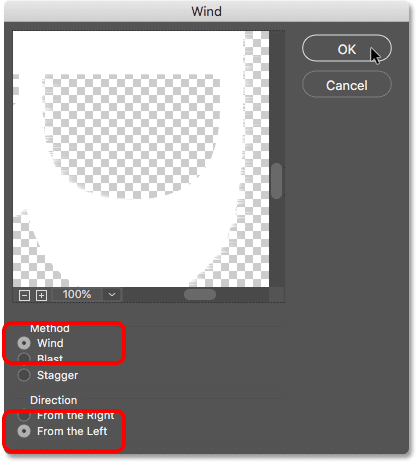 Paramètres du filtre vent dans Photoshop