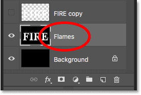 إعادة تسمية الطبقة المدمجة "Flames" في لوحة Layers في Photoshop