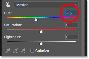 Set the Hue value to -15 in the Properties panel