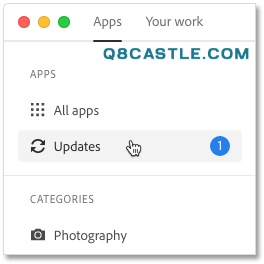 Seleccione la categoría de actualizaciones en la aplicación de escritorio Adobe Creative Cloud