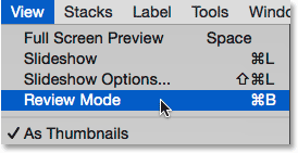 Select review mode from the View menu in Adobe Bridge. Image © 2015 Photoshop Essentials.com