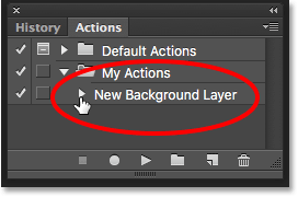 The Actions panel only displays the name of the new action. Image © 2016 Photoshop Essentials.com