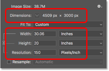 Понижение разрешения изображения увеличивает размер печати в диалоговом окне «Размер изображения» в Photoshop.