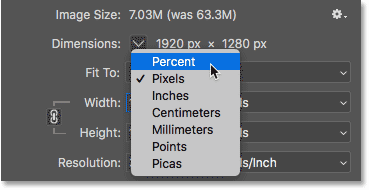Измените тип измерения размеров изображения на «Процент» в диалоговом окне «Размер изображения».