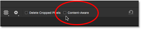 Opción de detección de contenido para la herramienta de recorte en la barra de opciones de Photoshop CC