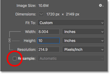 Anule la selección de Volver a muestrear, introduzca el nuevo ancho y alto para el tamaño de impresión y, a continuación, especifique la resolución en el cuadro de diálogo Tamaño de imagen.