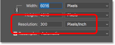 The resolution of the current image in the Image Size dialog box in Photoshop