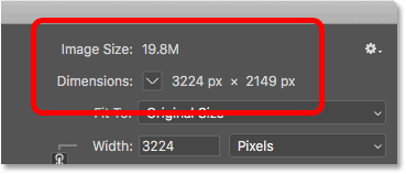 El cuadro de diálogo Tamaño de la imagen en Photoshop muestra el tamaño de la imagen actual en megabytes y píxeles.