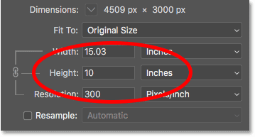 Текущая ширина изображения в пикселях в диалоговом окне «Размер изображения» в Photoshop.
