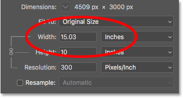 Текущая ширина печати изображения в диалоговом окне «Размер изображения» в Photoshop.