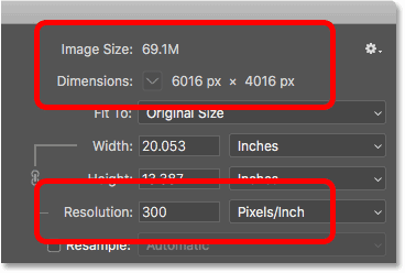 Текущий размер и разрешение изображения в диалоговом окне «Размер изображения» в Photoshop.