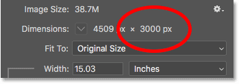 Текущая высота изображения в пикселях в диалоговом окне «Размер изображения» в Photoshop.