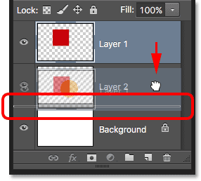 Le calque 1 est déplacé au-dessus du calque 2. Image © 2016 Photoshop Essentials.com