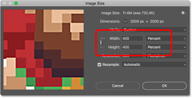 Reduce pixel art in Photoshop by 400 percent