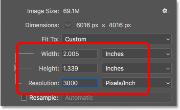 Increasing the image resolution again changes the print size, but not the file size