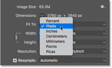 Выберите пиксели в качестве типа измерения размеров изображения в диалоговом окне «Размер изображения».