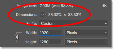 Affiche les dimensions de la nouvelle image en pourcentage de la taille d'origine dans la boîte de dialogue Taille de l'image de Photoshop