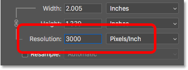 زيادة دقة الصورة إلى 3000 بكسل / بوصة في شاشة Image Size في Photoshop