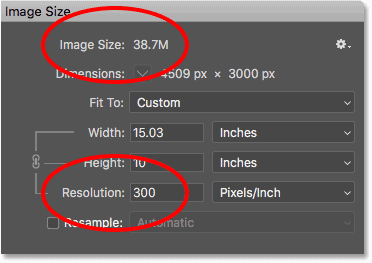 El aumento de la resolución de impresión en la pantalla Tamaño de imagen no tiene ningún efecto sobre el tamaño del archivo de imagen.