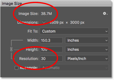 Уменьшение разрешения печати на экране «Размер изображения» не влияет на размер файла изображения.
