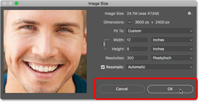 كيفية قبول أو إلغاء إعدادات حجم الصورة في Photoshop