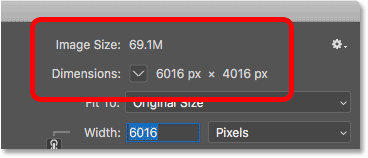 The current size of the image in the Image Size dialog box in Photoshop