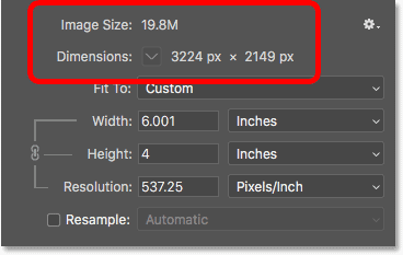 Las dimensiones de los píxeles y el tamaño del archivo no se ven afectados por el cambio en el tamaño de impresión