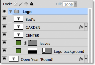 The Layers panel displays the layers that make up the Logo group.