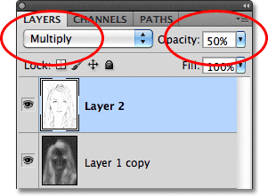 تغيير وضع المزج إلى Multiply وتقليل عتامة الطبقة. صورة © 2011 Photoshop Essentials.com.