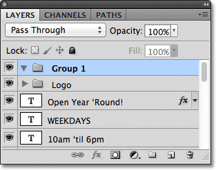 تتم إضافة مجموعة طبقات جديدة تسمى Group 1 إلى لوحة Layers. 