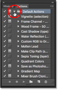 Default actions in the Actions panel in Photoshop. Image © 2016 Photoshop Essentials.com