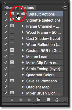 Actions par défaut dans le panneau Actions de Photoshop. Image © 2016 Photoshop Essentials.com
